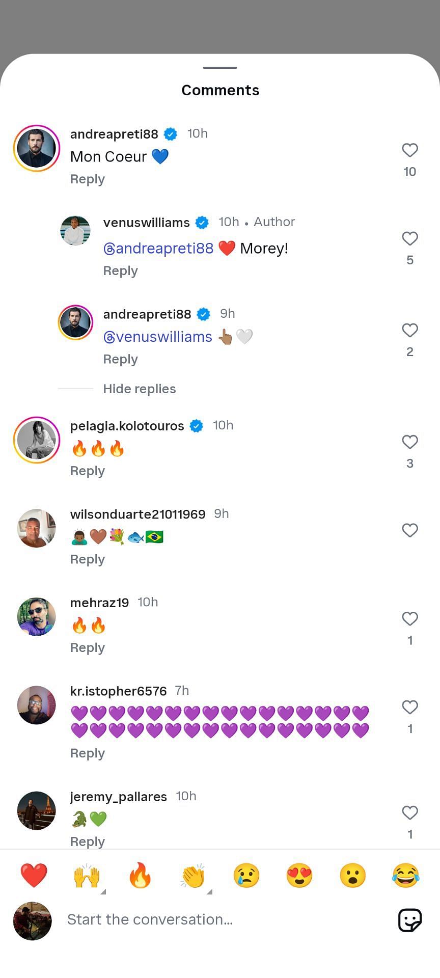 Venus Williams boyfriend Andrea Preti comments on her post - Image Source: @venuswilliams Instagram